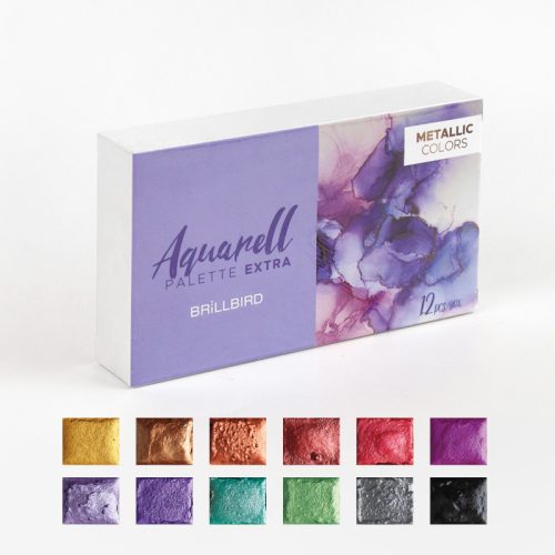 BrillBird Aquarell/akvarell paletta 12 darabos - EXTRA - fémes hatású akvarell festék