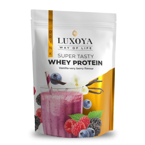 Luxoya Whey Protein - Tejsavó fehérje italpor 450g DOY - Vanília-Bogyós gyümölcs ízű