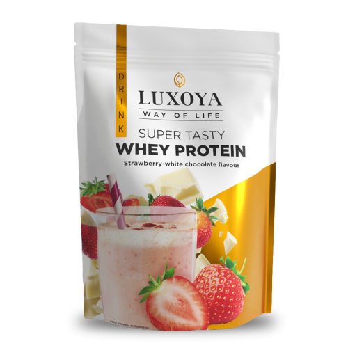 Luxoya Whey Protein - Tejsavó fehérje italpor 450g DOY - Eper-Fehér csokoládé ízű