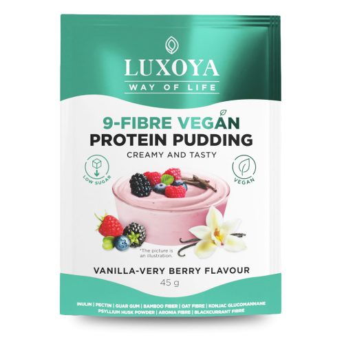 Luxoya Vegán fehérjét tartalmazó rostpuding 9 féle rosttal 45g - Vanília-erdei gyümölcs ízű