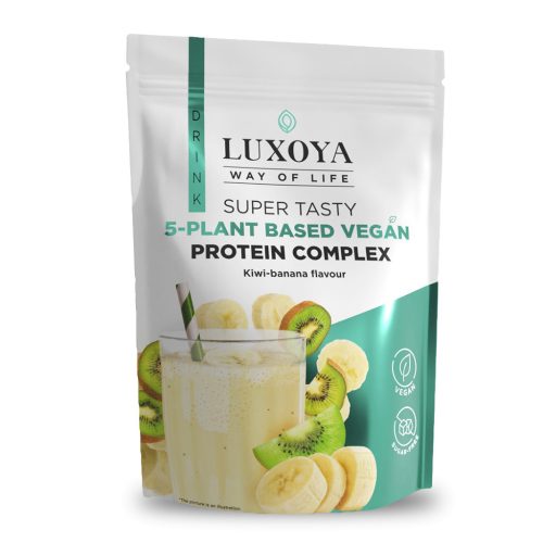 Luxoya 5 féle növényi fehérjeforrást tartalmazó vegán fehérje italpor 450g DOY - Kivi-banán ízű
