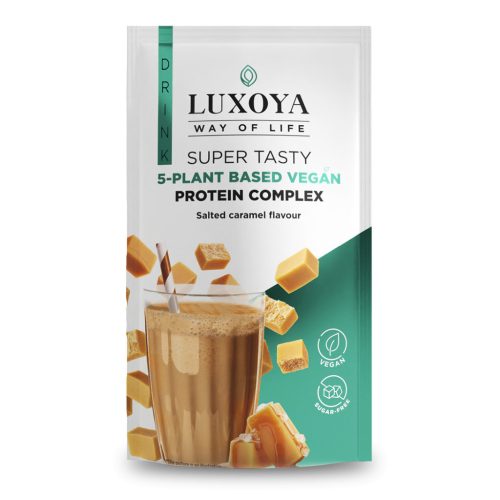 Luxoya 5 féle növényi fehérjeforrást tartalmazó vegán fehérje italpor 30g - Sós karamella ízű