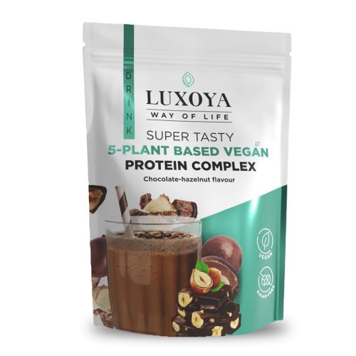 Luxoya 5 féle növényi fehérjeforrást tartalmazó vegán fehérje italpor 450g DOY - Csokoládé-mogyoró ízű