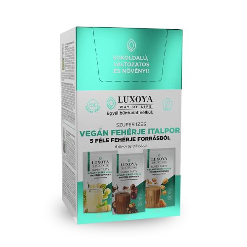 Luxoya 5 FÉLE NÖVÉNYI FEHÉRJEFORRÁST TARTALMAZÓ VEGÁN FEHÉRJE ITALPOR Gyűjtődoboz 6x30 g (2x3 íz)