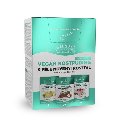 Luxoya VEGÁN FEHÉRJÉT TARTALMAZÓ ROSTPUDING 9 FÉLE NÖVÉNYI ROSTTAL - Gyűjtődoboz 6x45 g (2x3 íz)