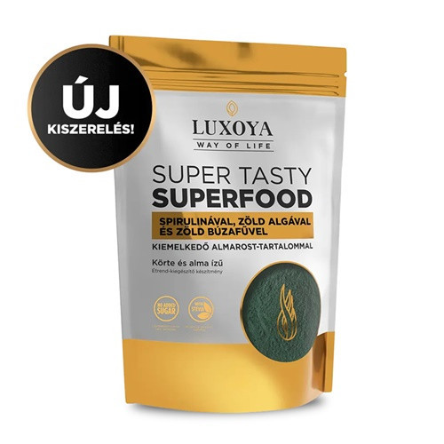 Luxoya Super Tasty Superfood – körte-alma ízesítésű spirulinát, zöld algát és zöld búzafüvet tartalmazó étrend-kiegészítő italpor 300 g