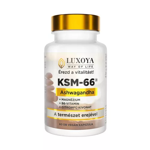 Luxoya KSM-66 Ashwagandha növényi kivonatokkal és B6-vitaminnal dúsított étrend-kiegészítő kapszula - 60db