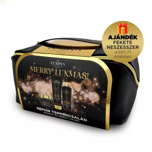 Luxoya REPAIR Karácsonyi Ajándékcsomag + Ajándék Fekete Neszesszer (száraz és sérült hajra)